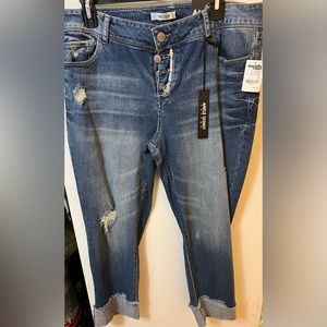 Women’s ripped rolled hem distressed med blue jeans size 12 straight legged New